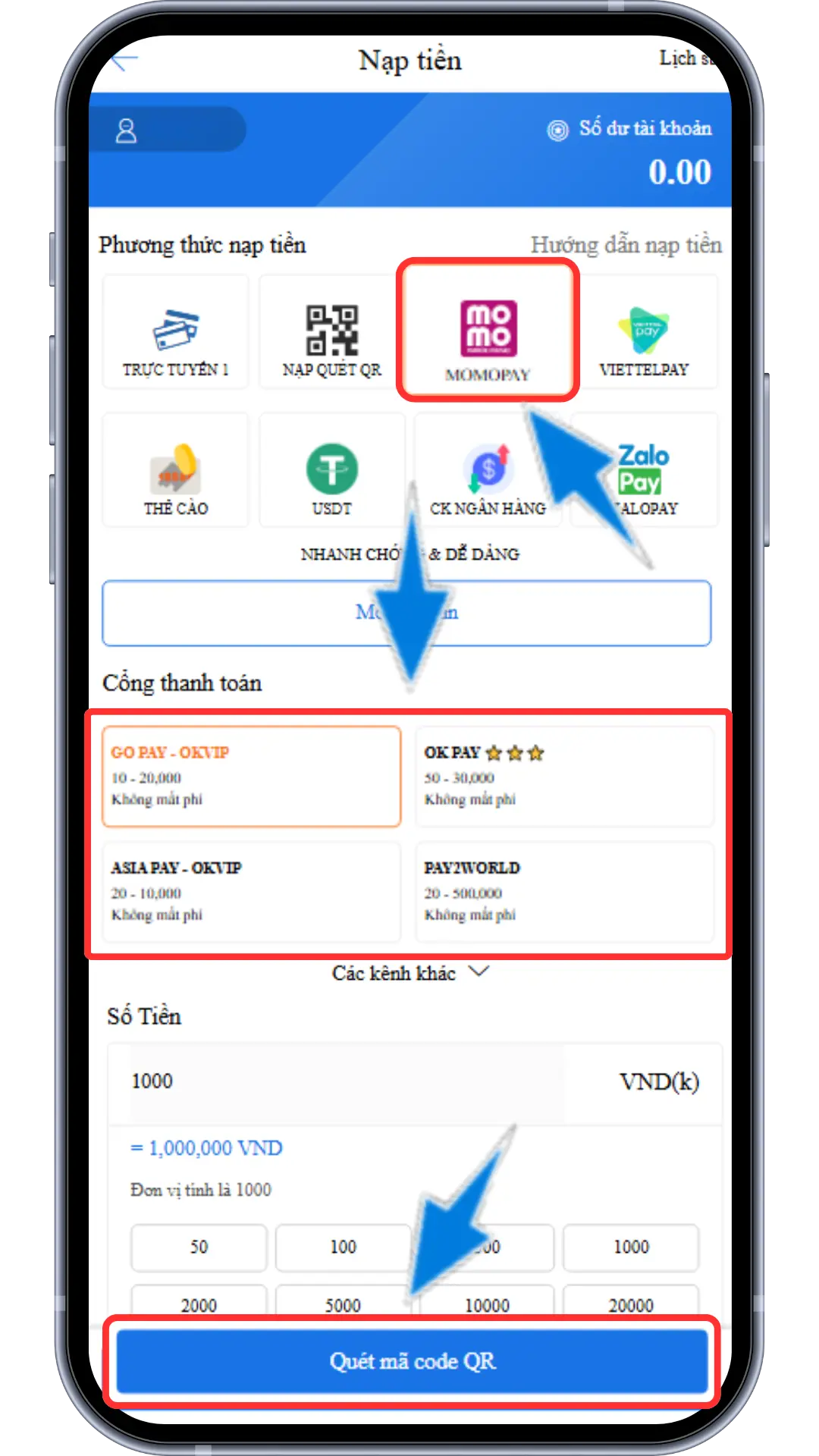 Bước 2 : Chọn mục MOMOPAY - Chọn 1 cổng nạp đang hiển thị - Điền số điểm muốn nạp (1 điểm = 1000VND ) => Ấn quét mã code QR